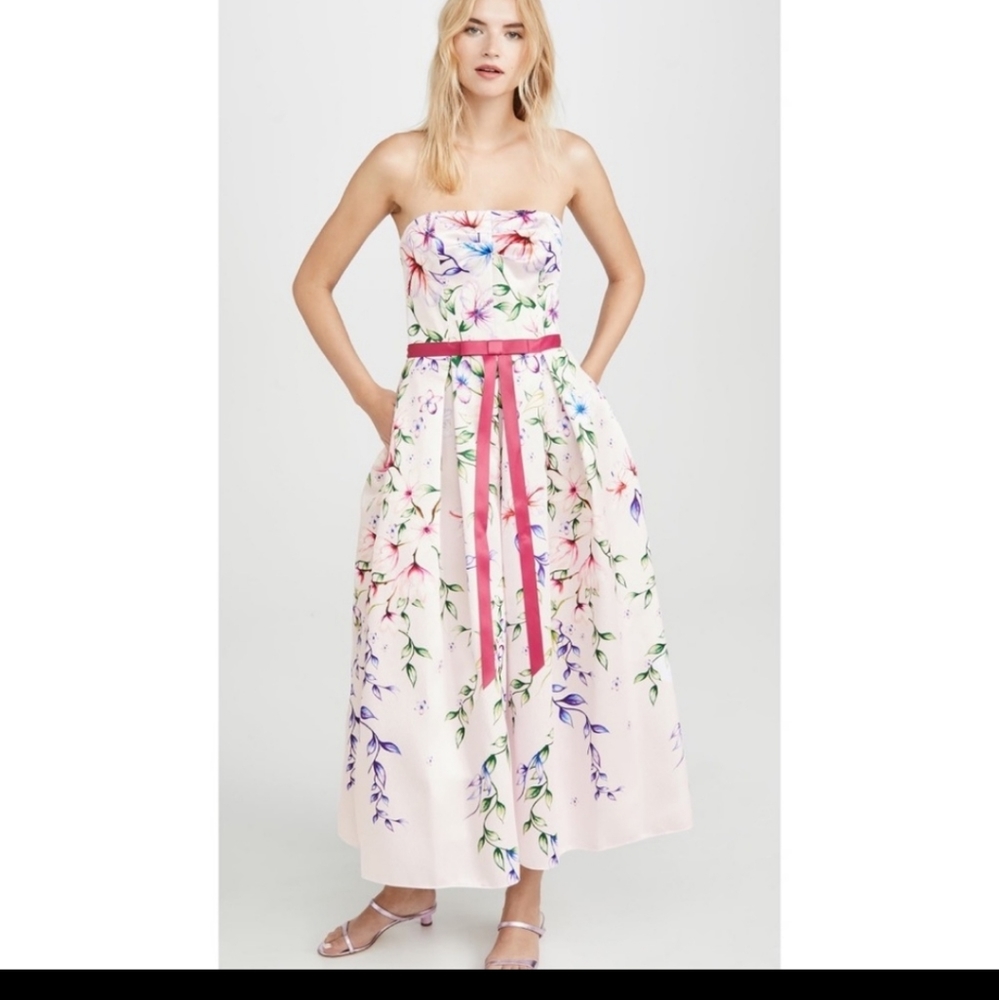 NWT Strapless Light Pink Floral Mikado Pique Marchesa Midi Dress